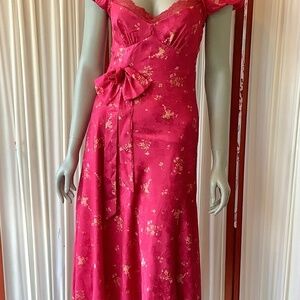 Lait Collection JANA Red Jacquard Satin Lace MIDI Dress Size Small